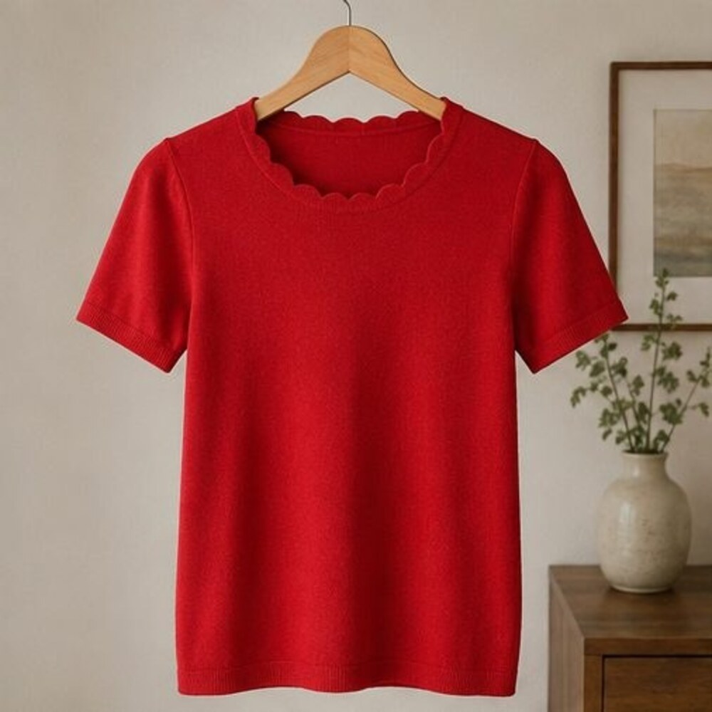 Red Scallop Neck Knit Top